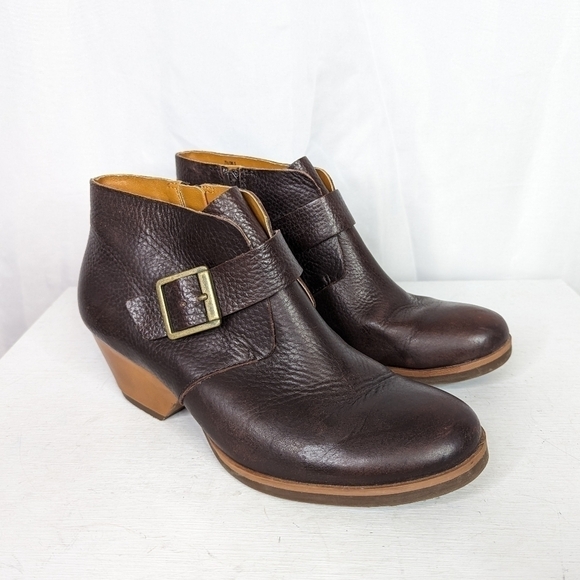Kork-Ease Brown Leather Low Block Heel Ankle Booties - Picture 1 of 9